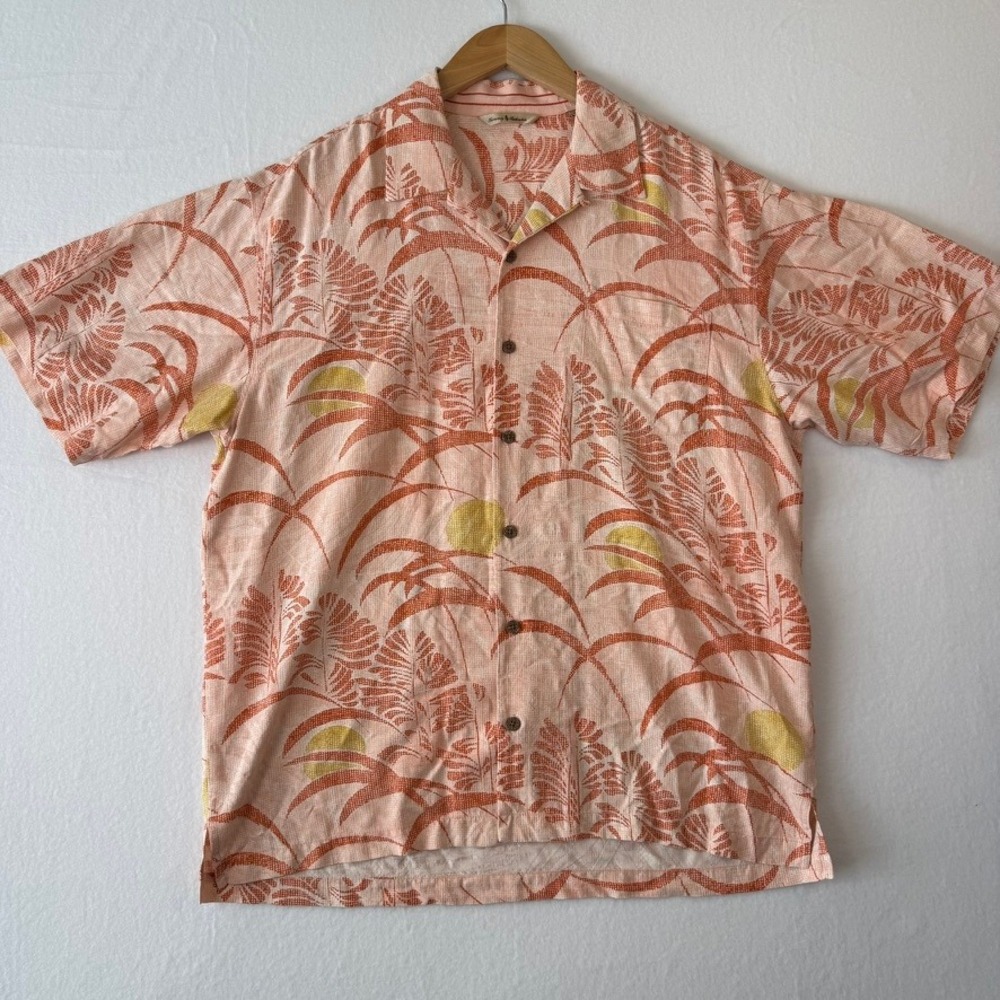 Tommy Bahama 100% Silk Camp Shirt Mens Large Orange Palm Leaf Print Short Sleeve